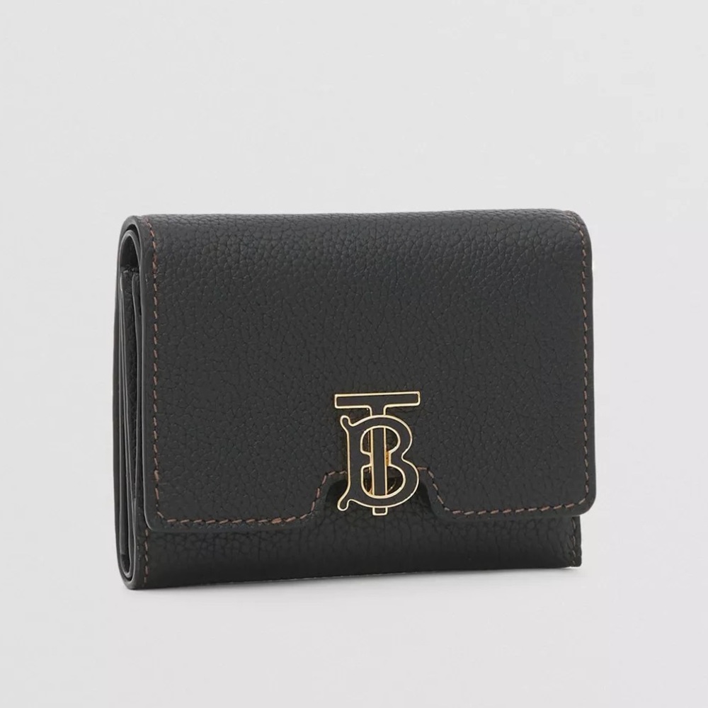 Burberry Black Real Grain Leather Folding Wallet with Gold Logo TB